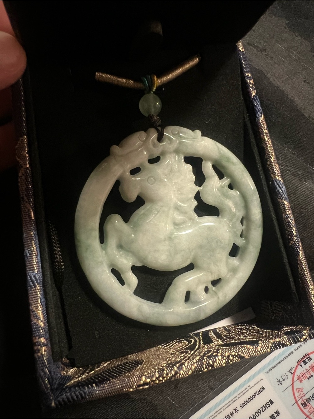 Green White Jade Large Horse Pendant Necklace (COA)
